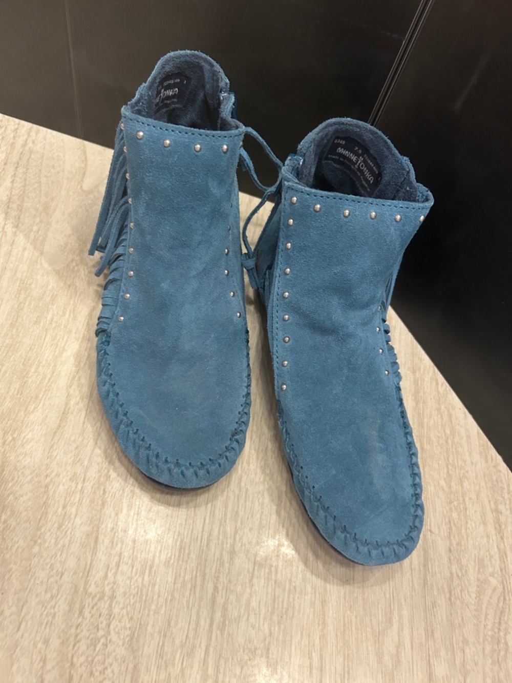 Minnetonka Teal Blue Suede Fringe Moccasin Boots